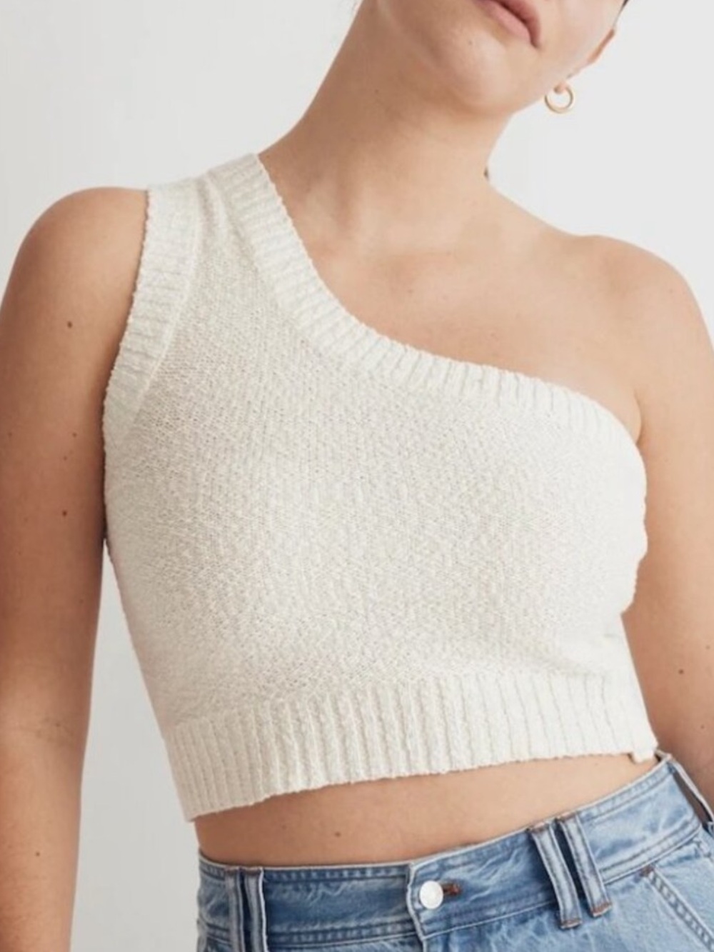 Madewell Cream One-Shoulder Textural Knit Crop Tank